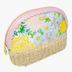 Lilly Pulitzer Raffia Scalloped Zipper Pouch Floral Makeup Bag Travel Cosmetic